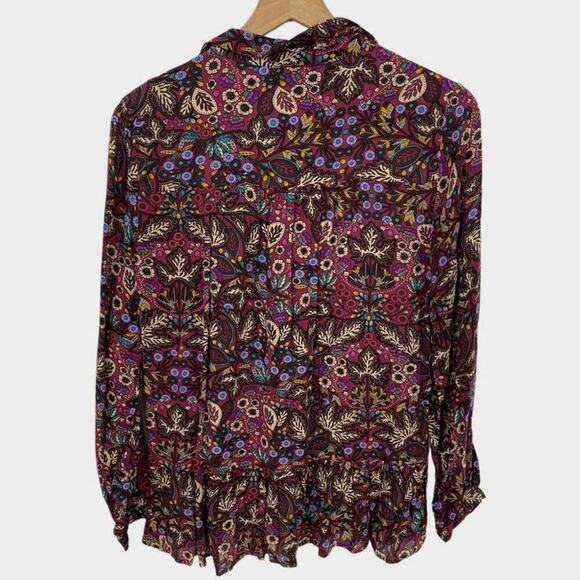 Maeve Anthropologie Burgundy Multicolor Floral Ruffle Hem Blouse Oversized Women - Picture 3 of 11